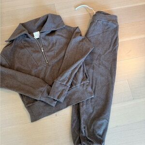 Varley Taupe Ribbed Zip-Up Top